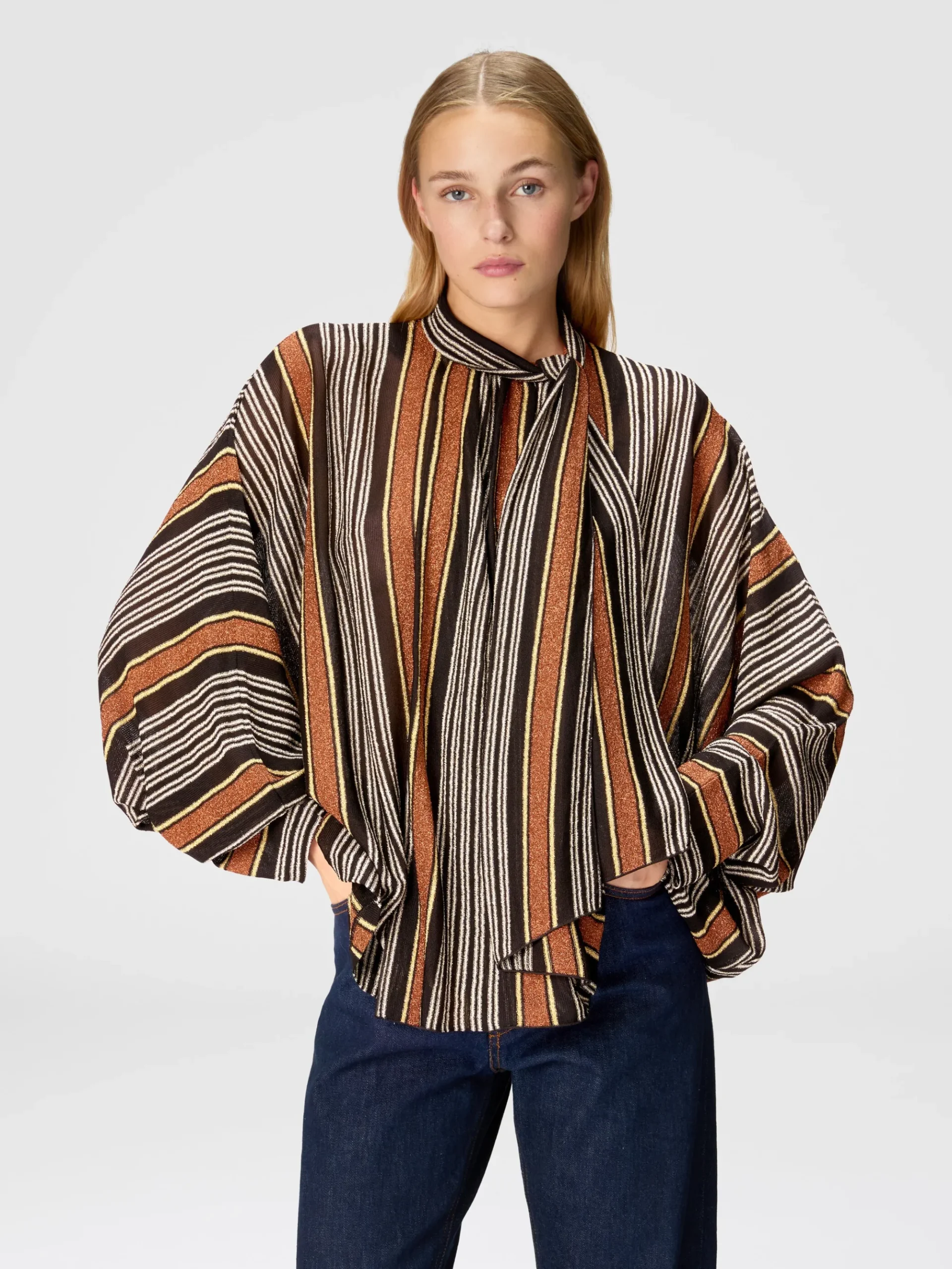 Blouse with scarf collar in lamé striped viscose