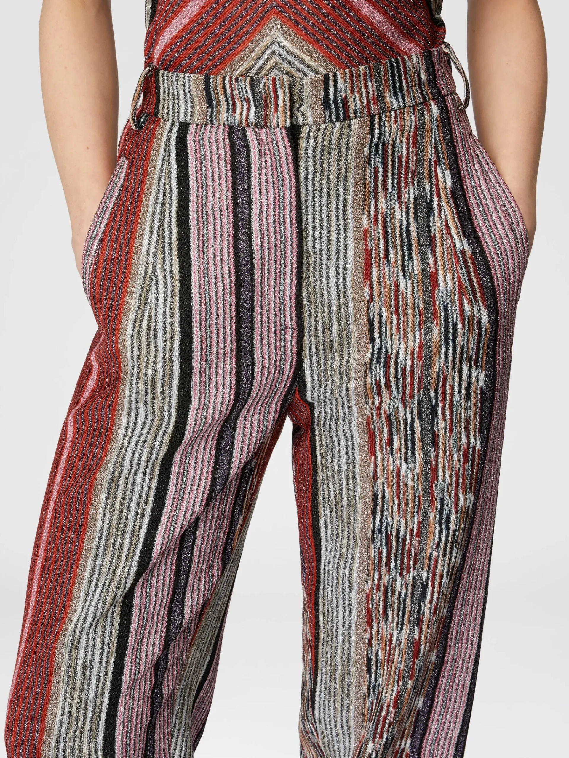 Carrot-fit trousers in lamé striped viscose