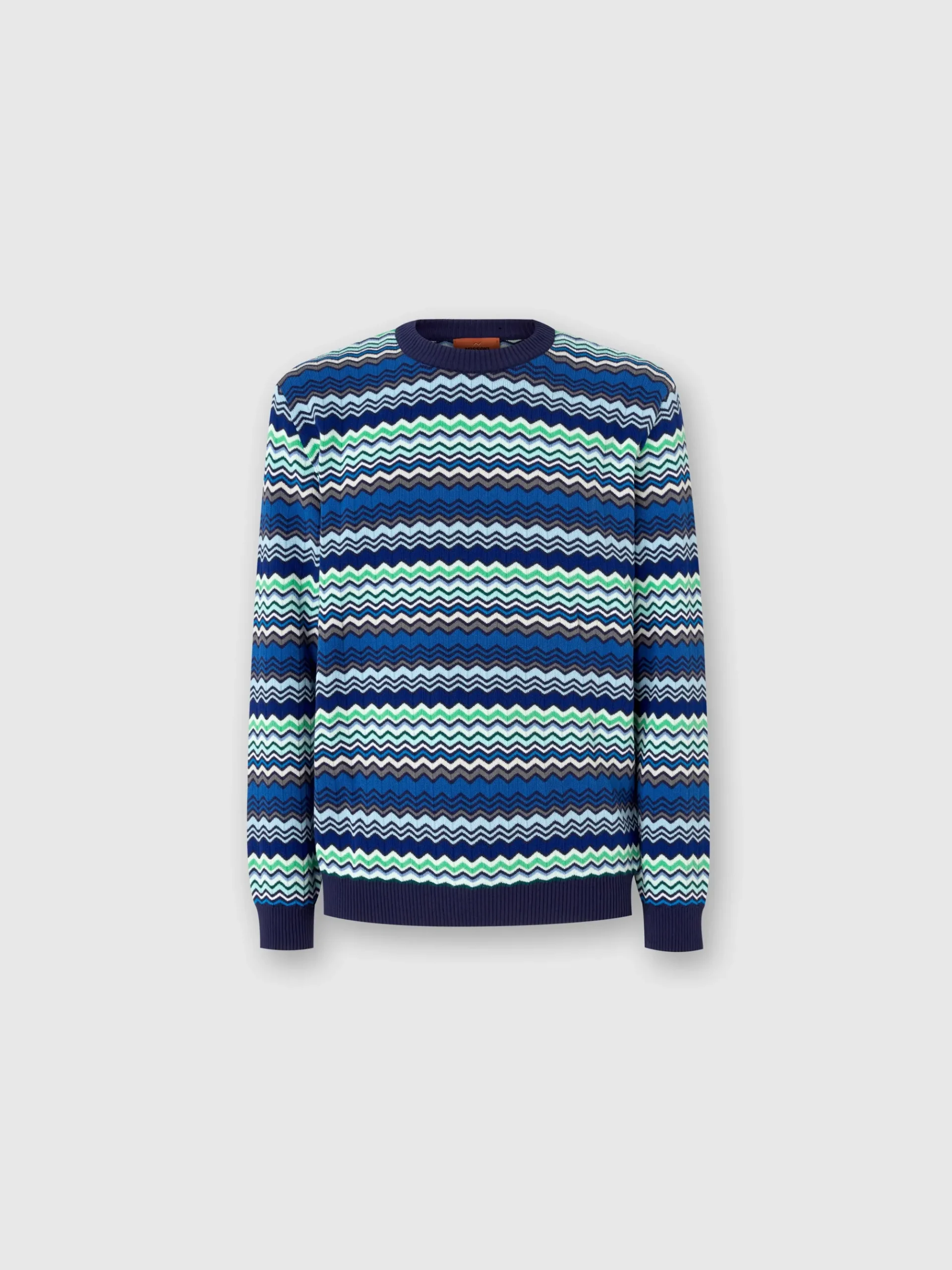 Cotton crew-neck pullover with micro zigzag and contrasting piping