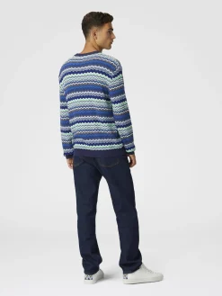 Cotton crew-neck pullover with micro zigzag and contrasting piping