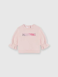 Cotton crewneck sweatshirt with ruffles on the sleeves and logo