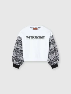 Cotton crewneck sweatshirt with zigzag sleeves and logo