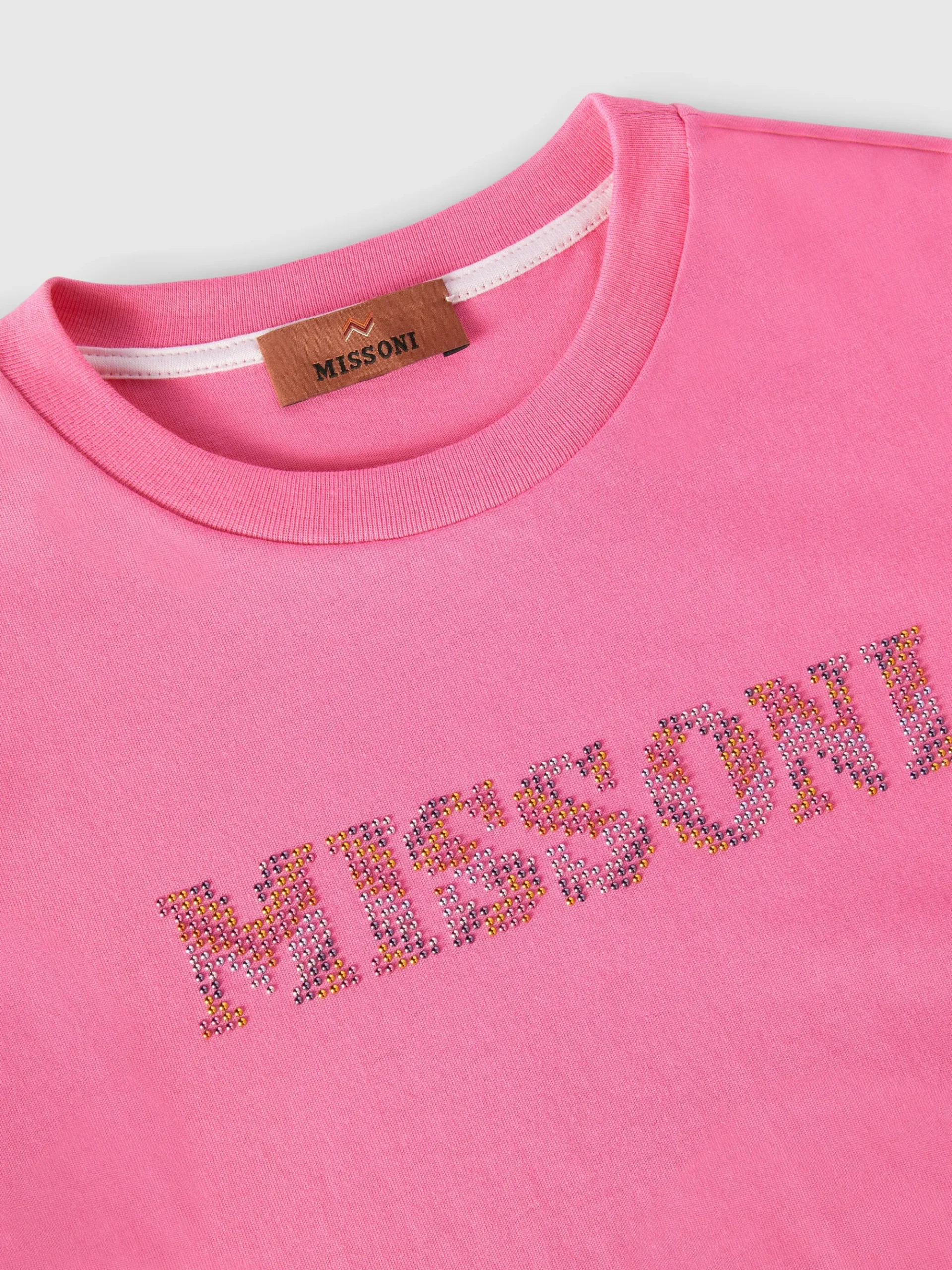 Cotton crewneck T-shirt with rhinestone logo