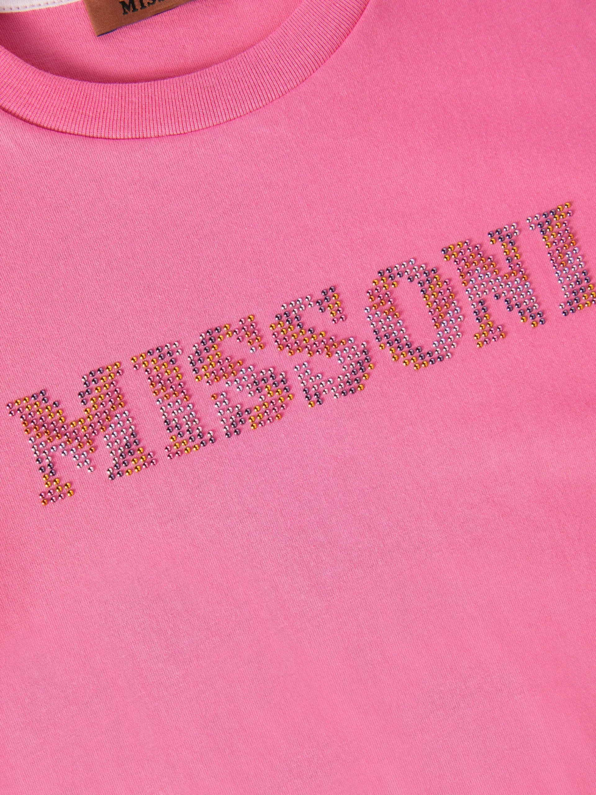 Cotton crewneck T-shirt with rhinestone logo