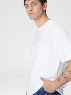 Cotton crewneck T-shirt with tone-on-tone zigzag insert
