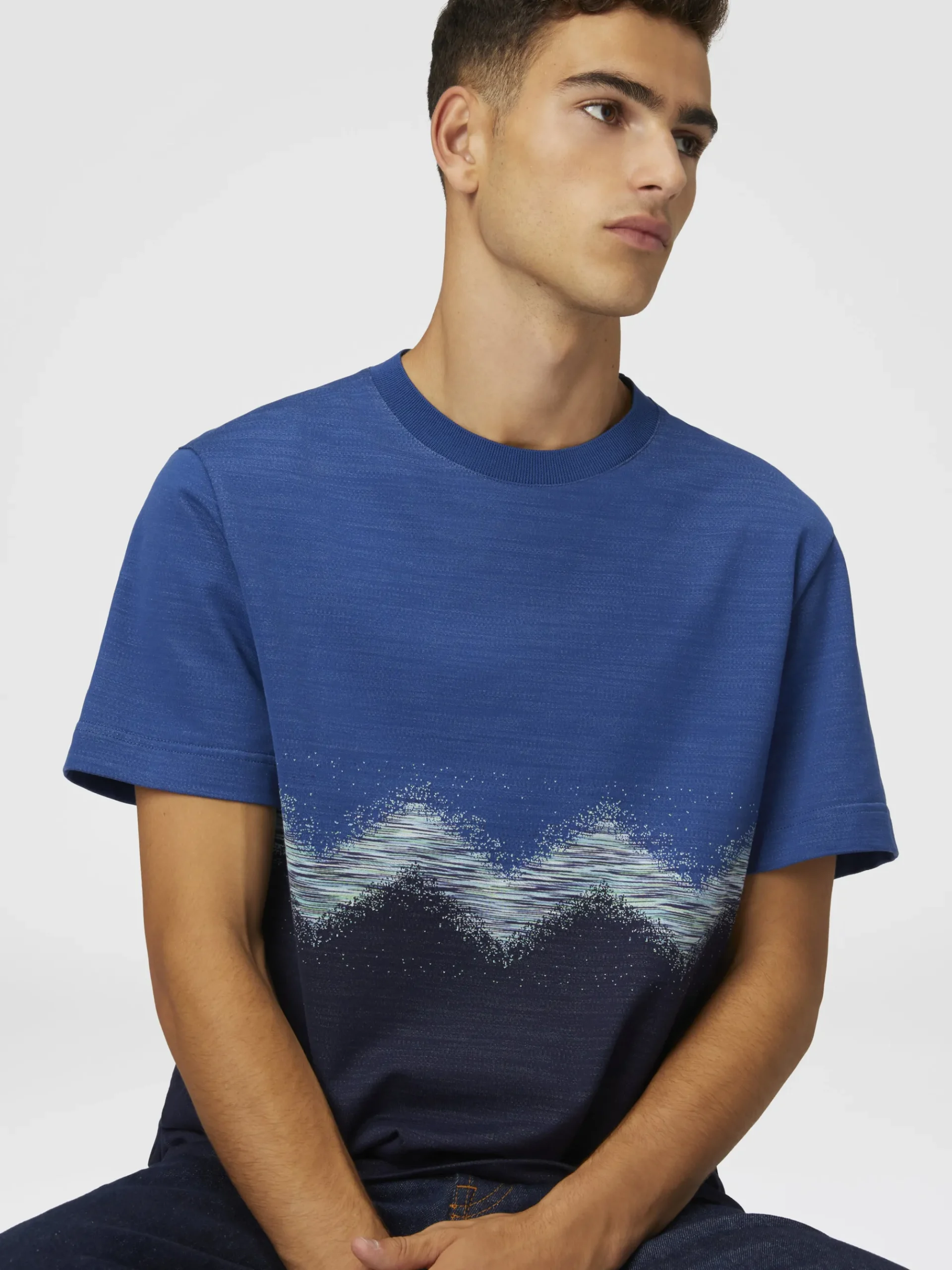 Cotton crewneck T-shirt with slub zigzag