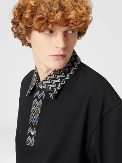 Cotton jersey polo shirt with chevron knit inserts