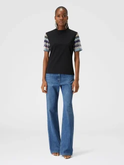Cotton jersey T-shirt with zig zag knit sleeves
