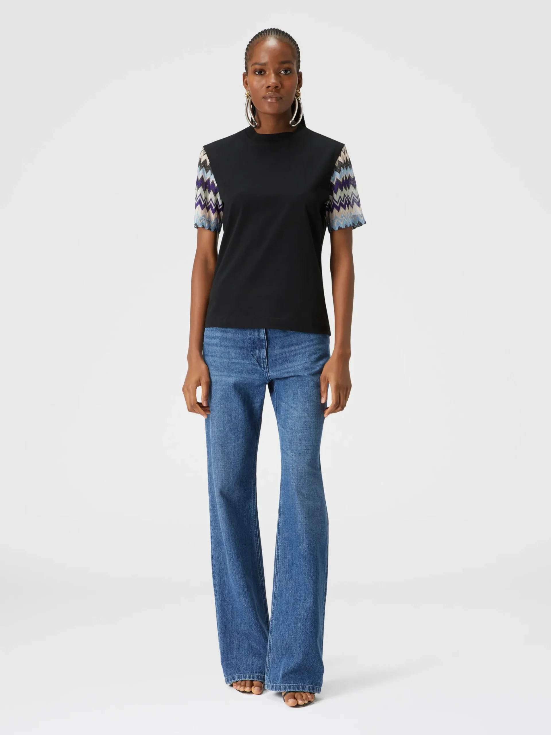Cotton jersey T-shirt with zig zag knit sleeves