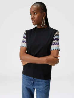 Cotton jersey T-shirt with zig zag knit sleeves