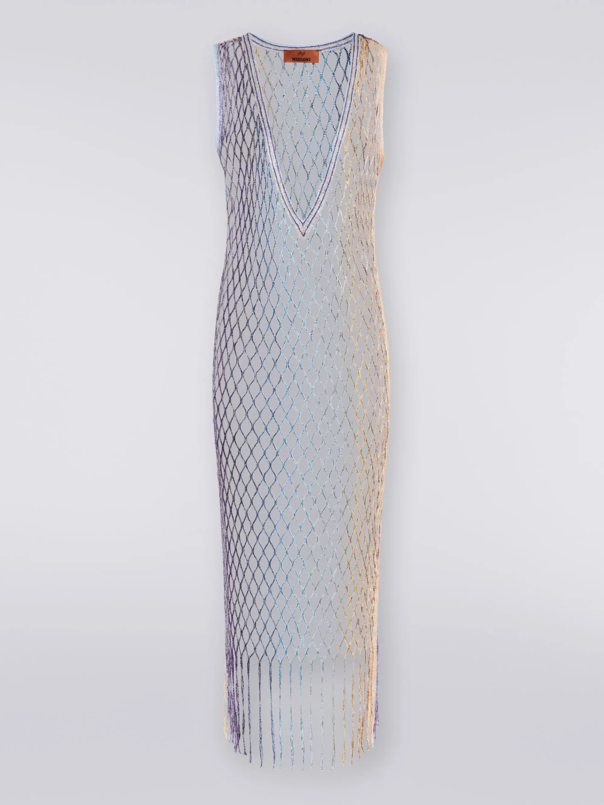 Cover up in metal-effect mesh with fringes