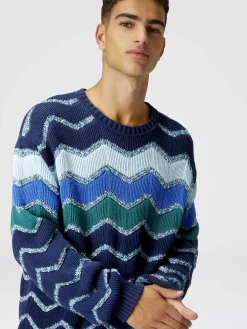 Crew-neck pullover with macro zigzag and mélange details