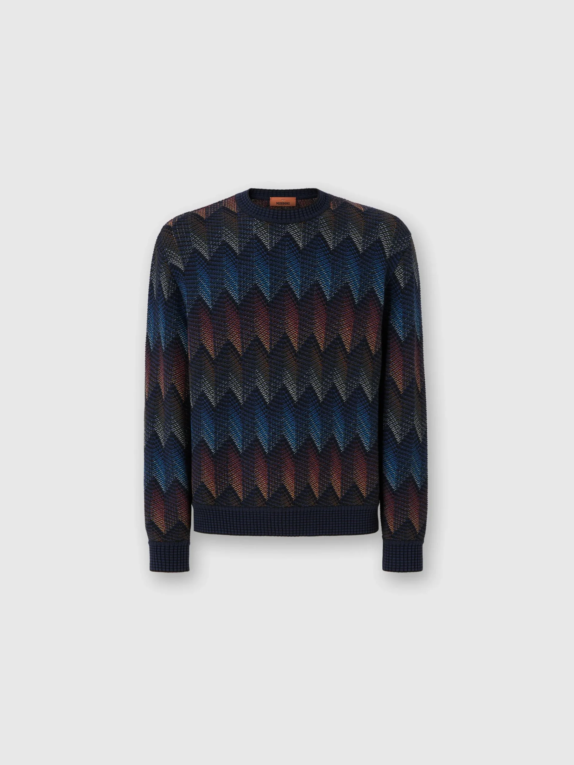 Crewneck sweater in gradient cotton chevron blend with contrasting piping