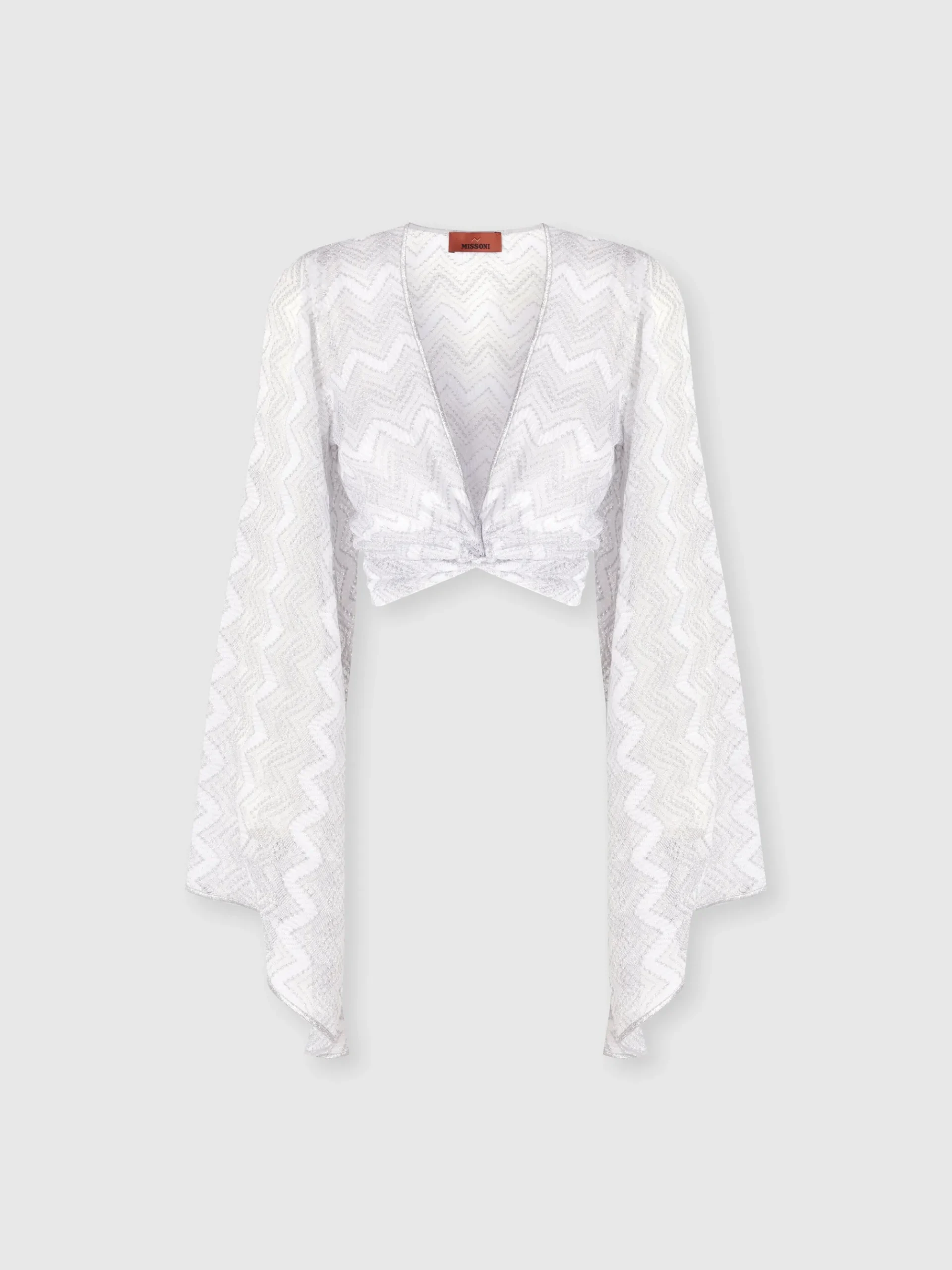 Crop top with wide sleeves and front knot in zig zag lamé viscose