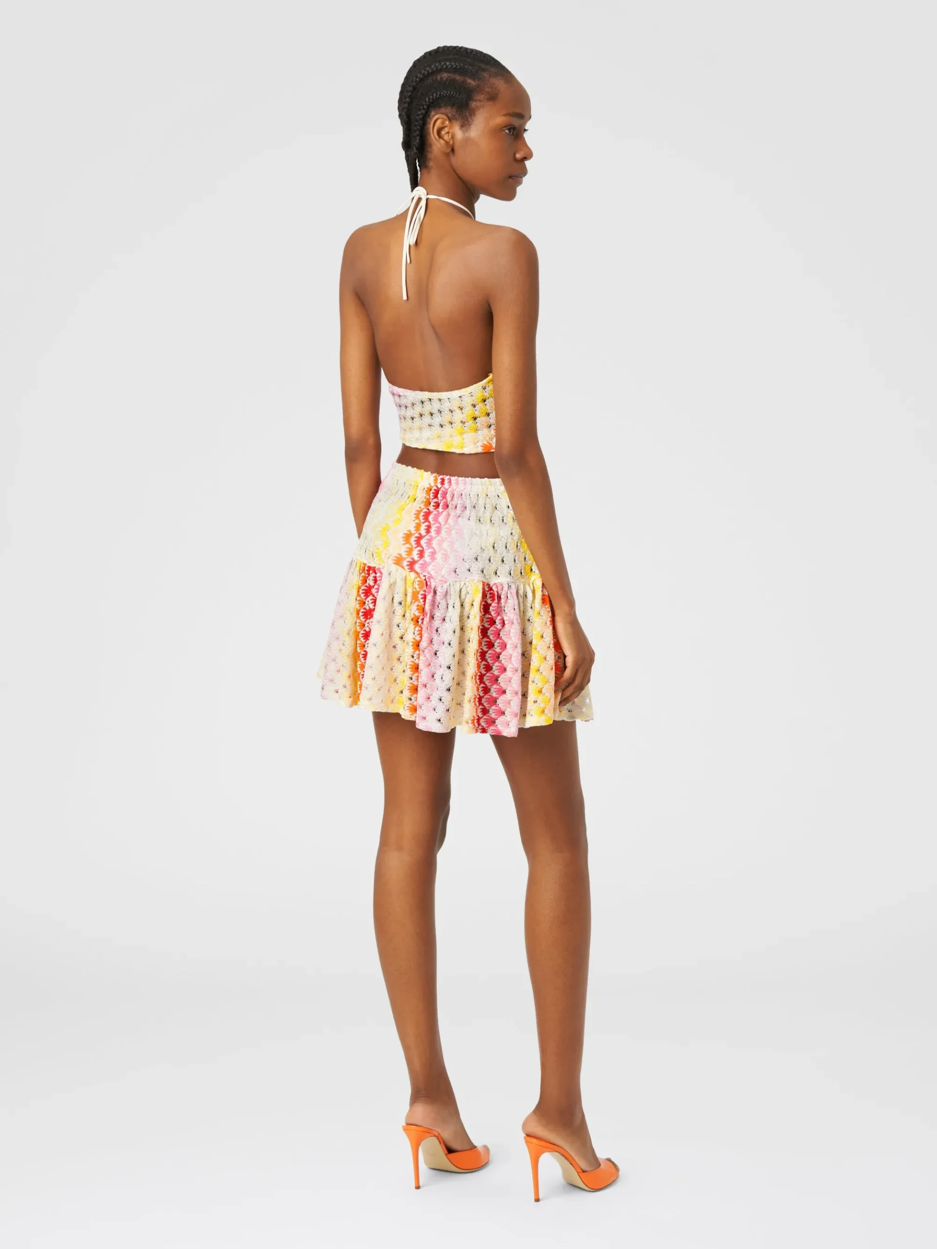 Dégradé lace-effect flounced miniskirt