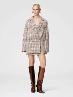 Double-breasted bouclé checkered blazer with sequins