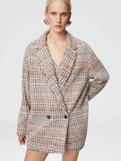 Double-breasted bouclé checkered blazer with sequins