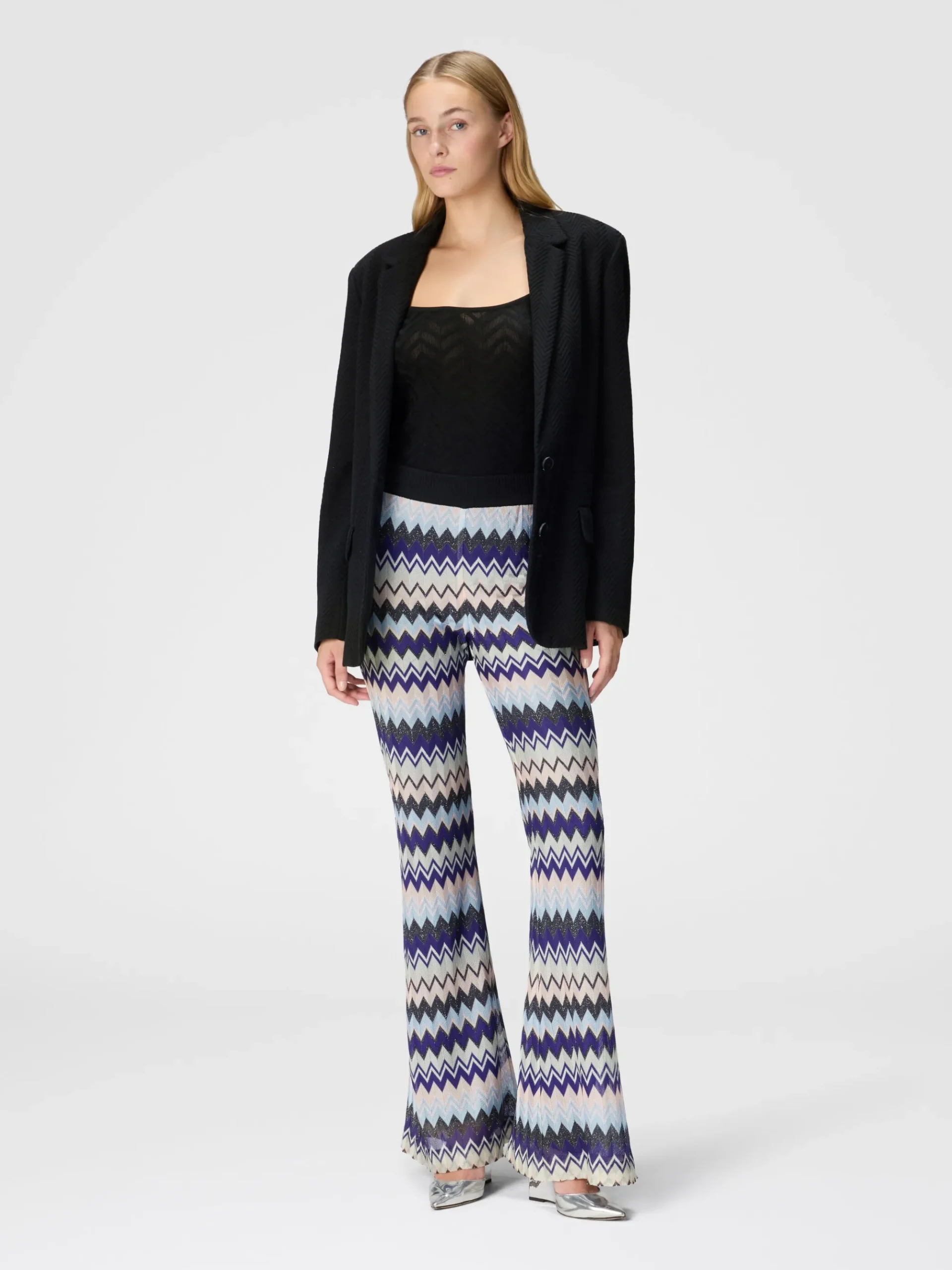 Flare trousers in zig zag lamé viscose