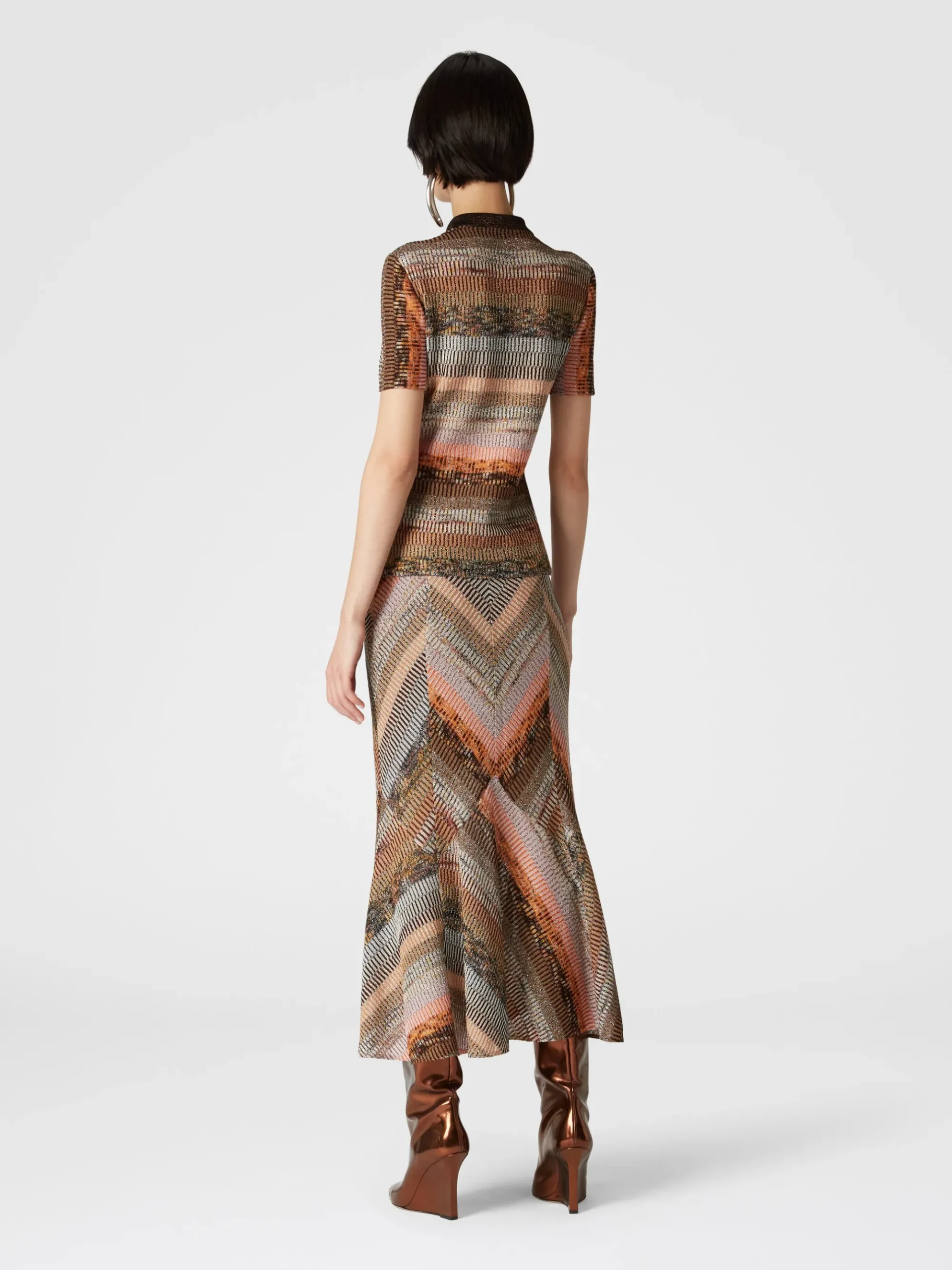 Flared lamé midi skirt with patchwork effect