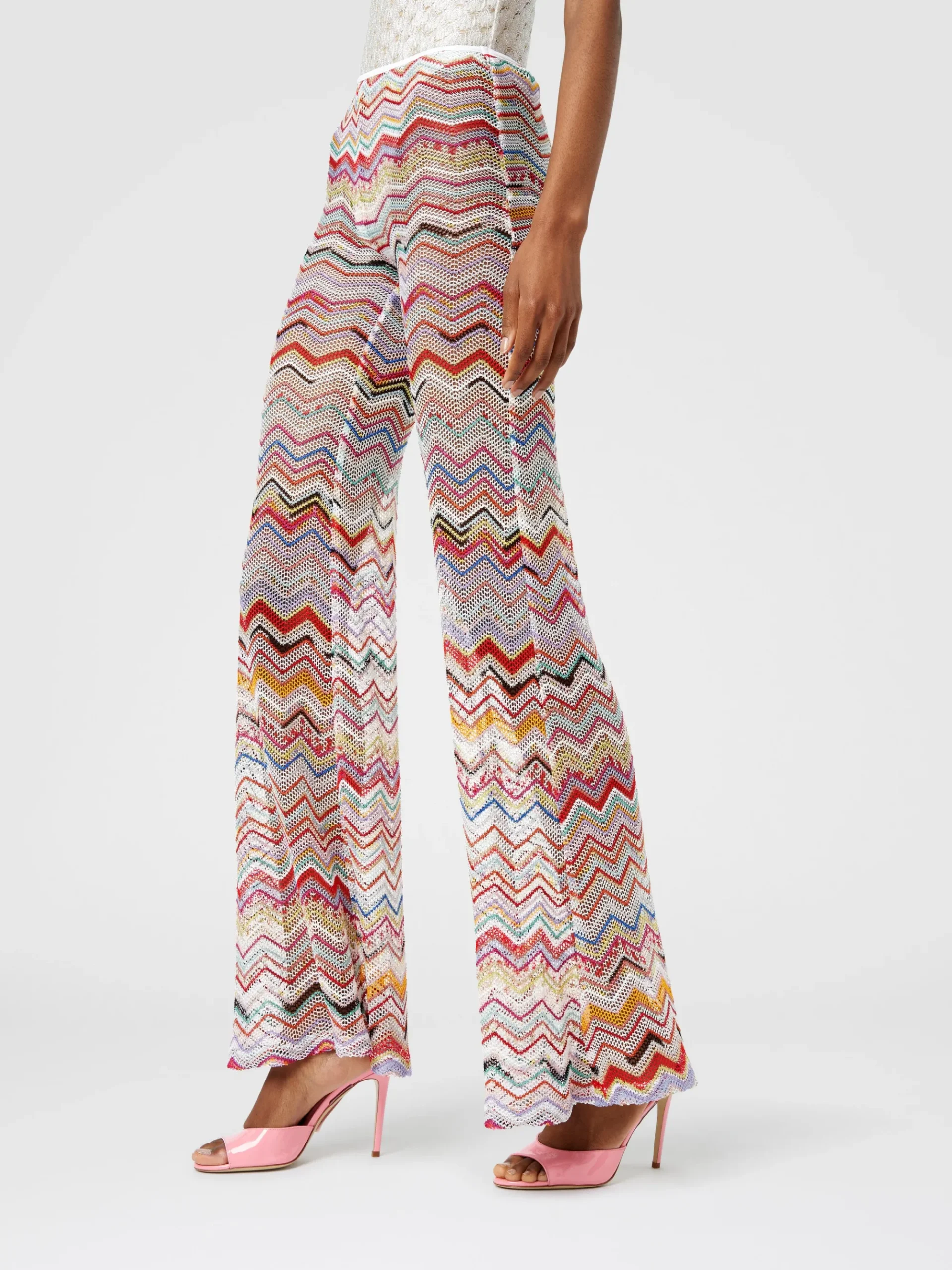 Flared trousers in zigzag crochet with lurex