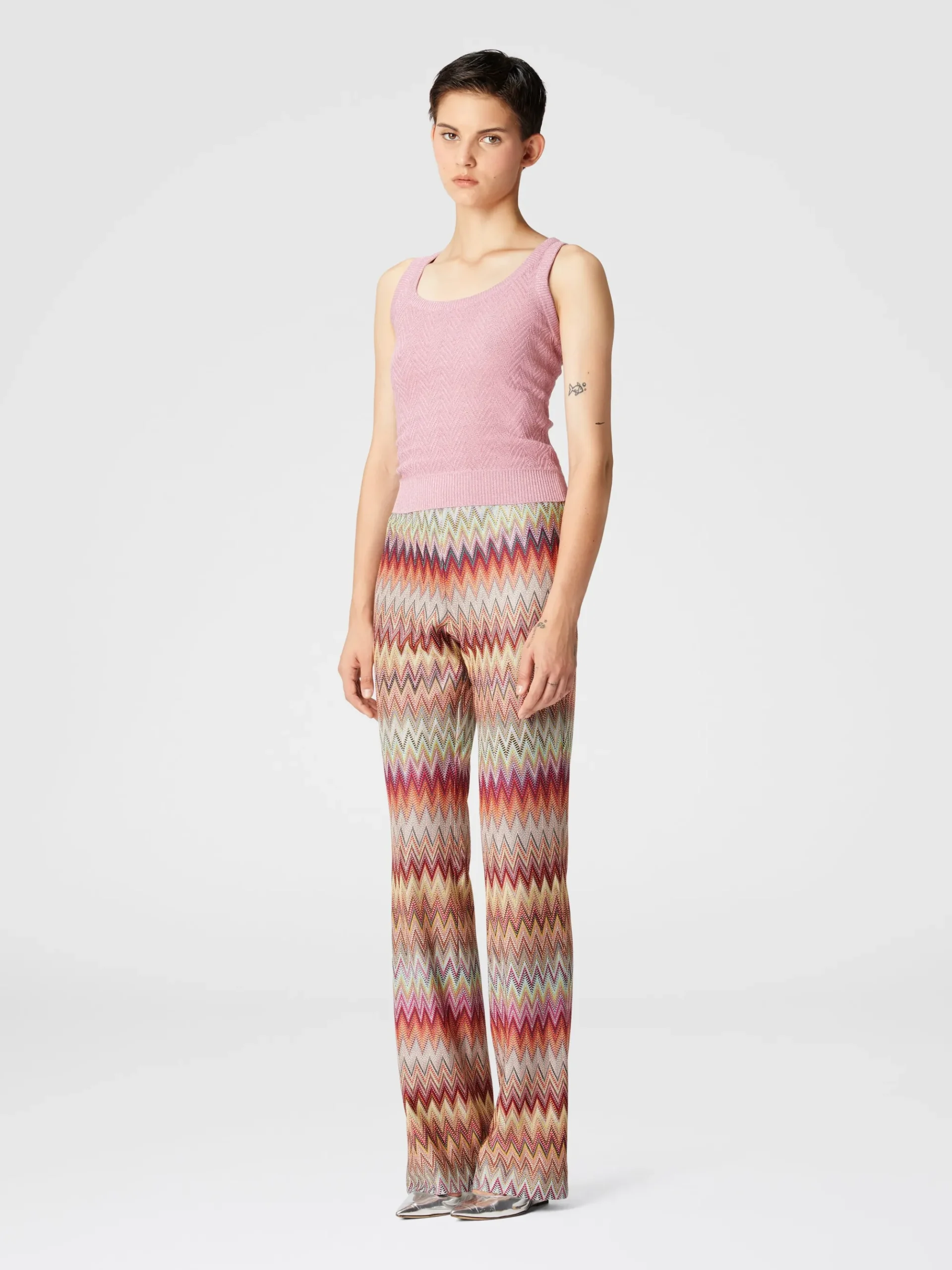 Flared zigzag knit lace trousers