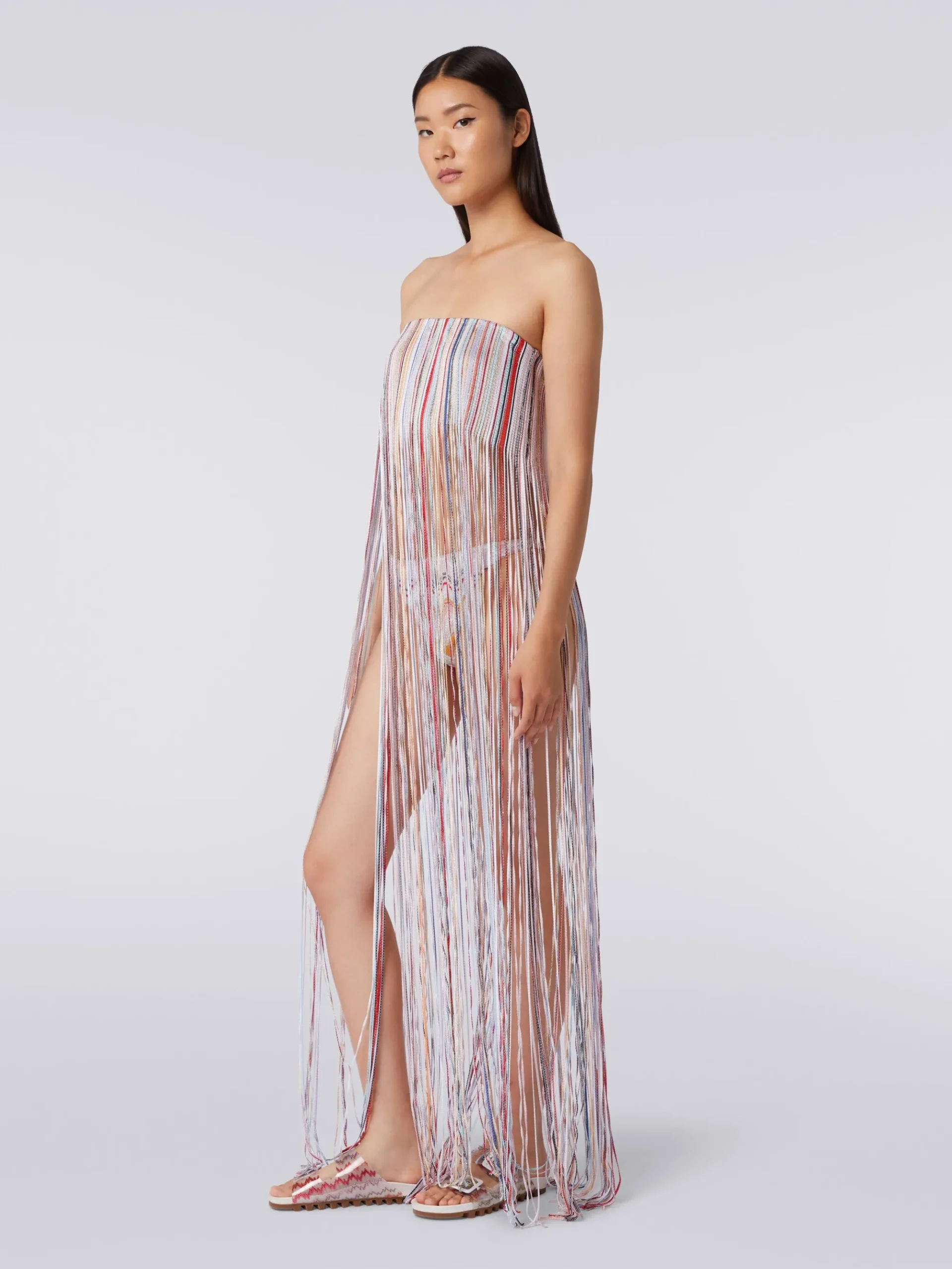 Fringed bustier cover up dress with lurex