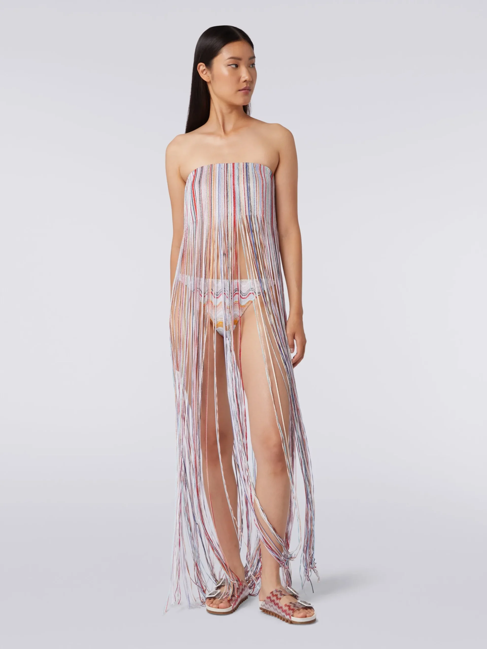 Fringed bustier cover up dress with lurex