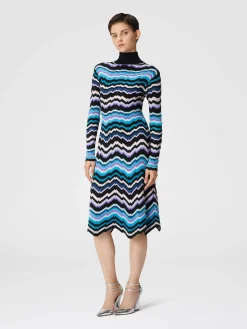 High-necked midi dress with Greek zigzag motif