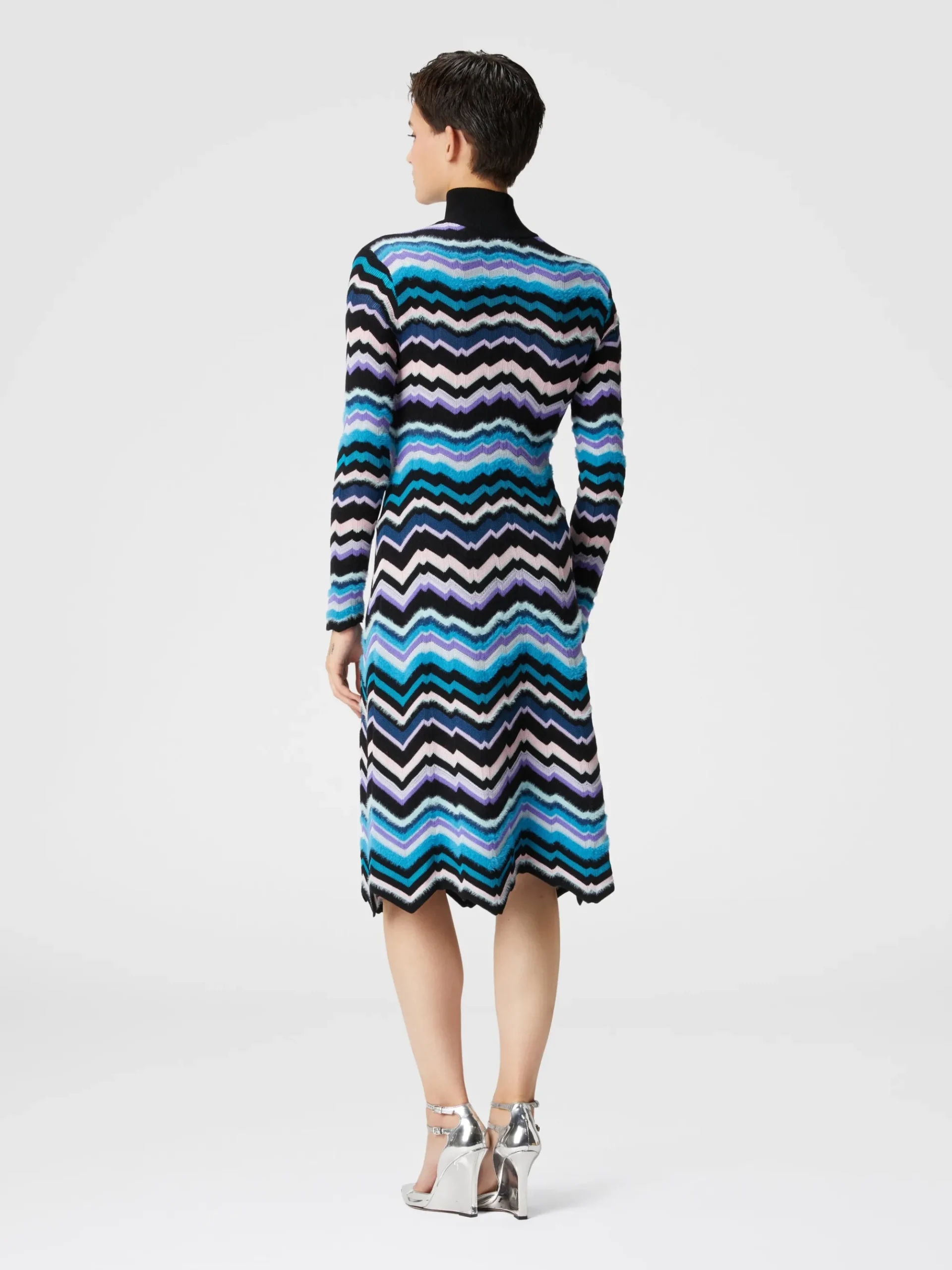 High-necked midi dress with Greek zigzag motif