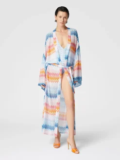 Kimono cover-up in zigzag lamé viscose blend with belt at the waist