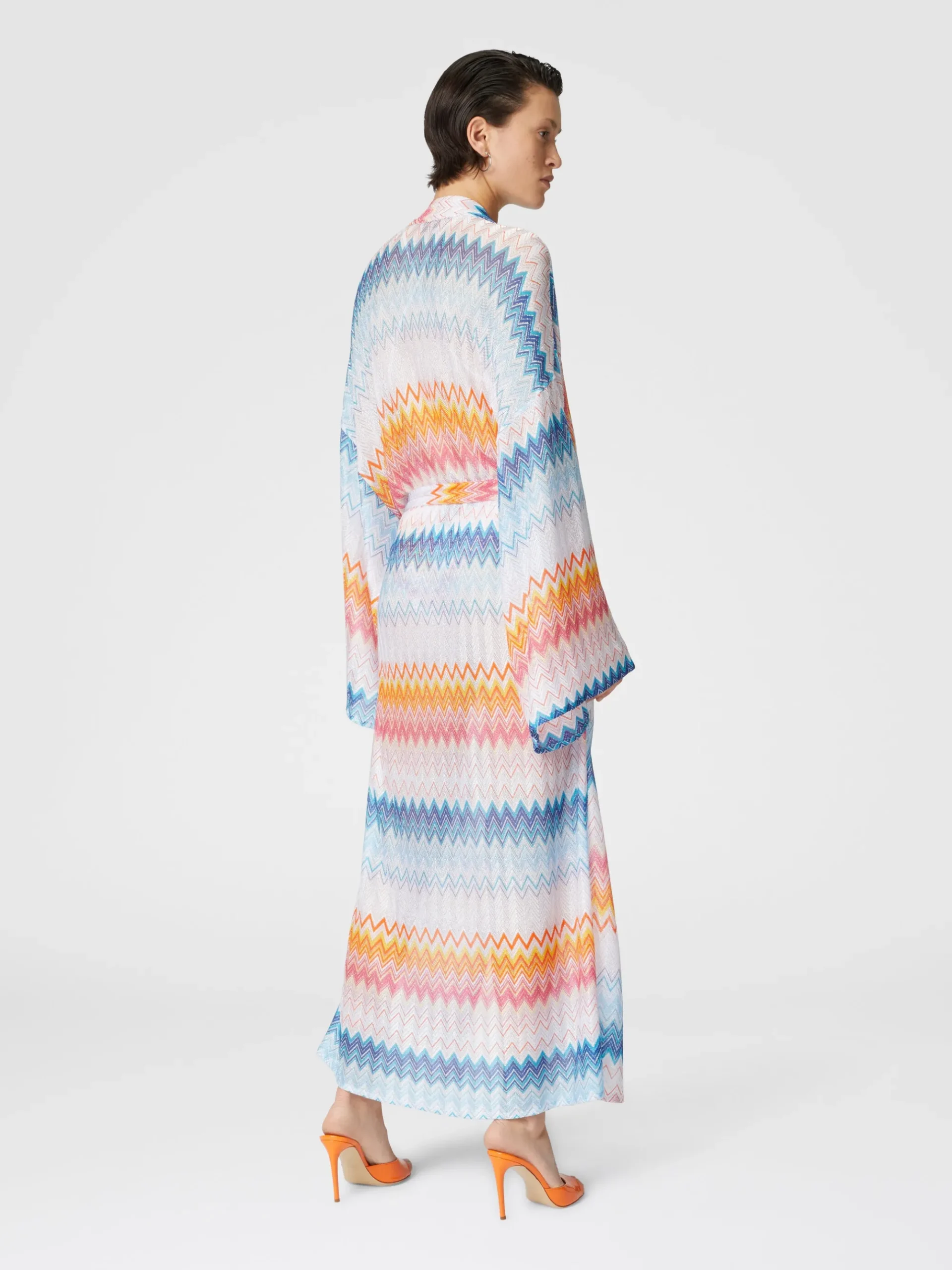 Kimono cover-up in zigzag lamé viscose blend with belt at the waist