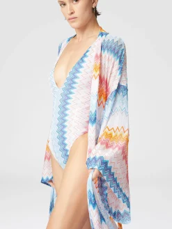 Kimono cover-up in zigzag lamé viscose blend with belt at the waist