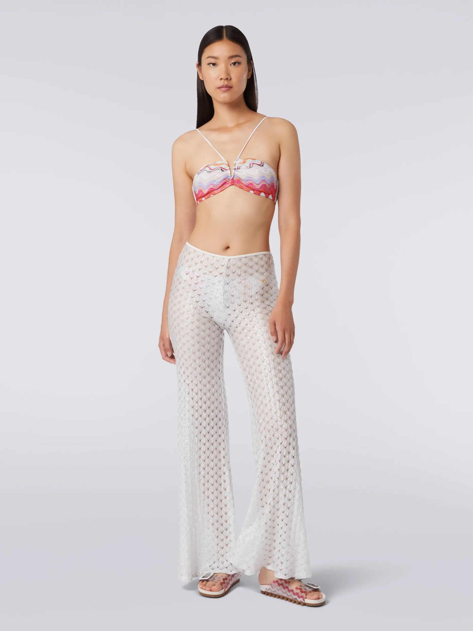 Lace-effect cover up trousers with flared hem