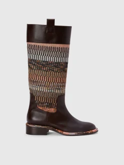 Leather boots with lamé fabric insert