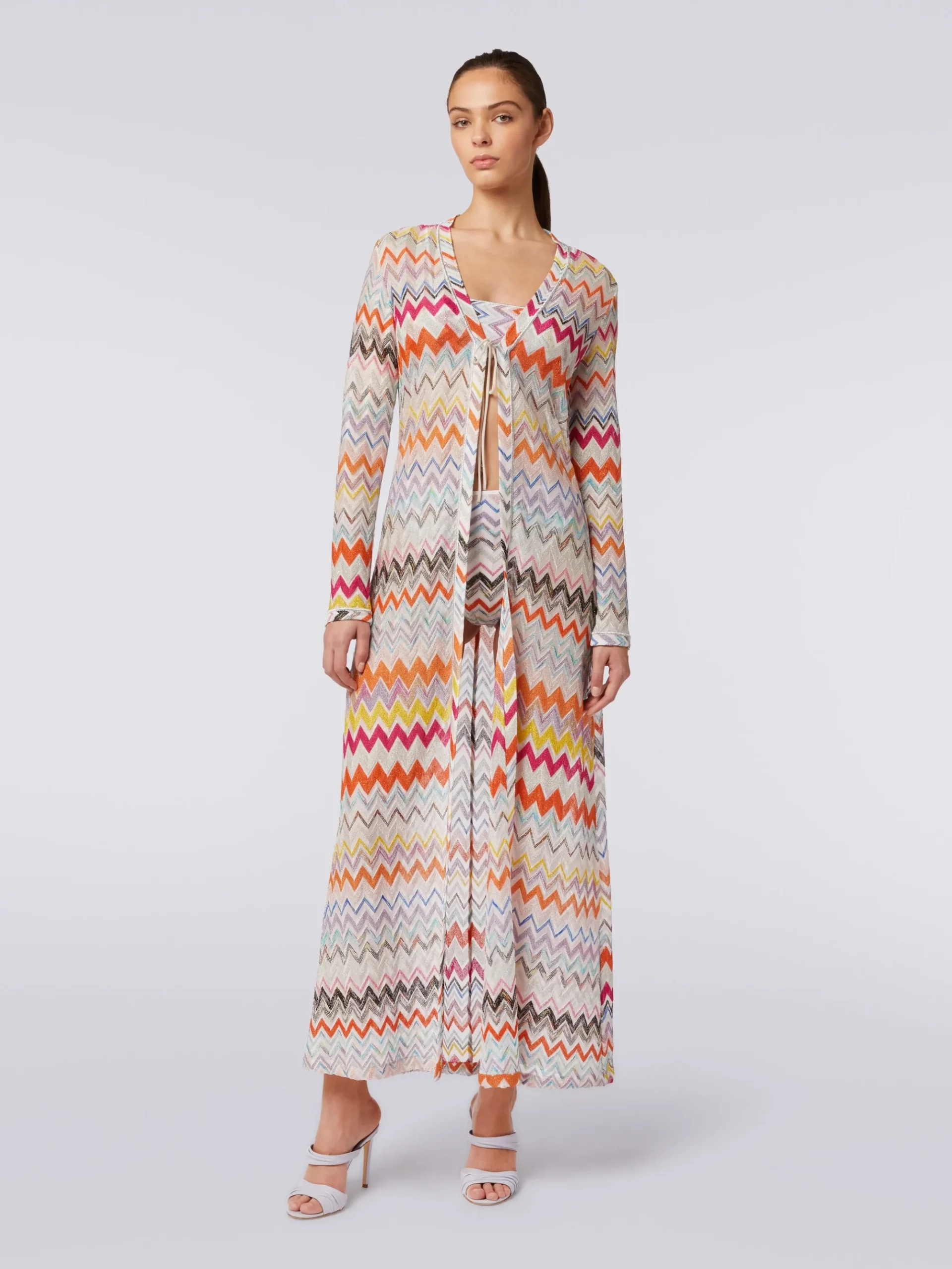Long cardigan cover-up with zigzag pattern and lurex