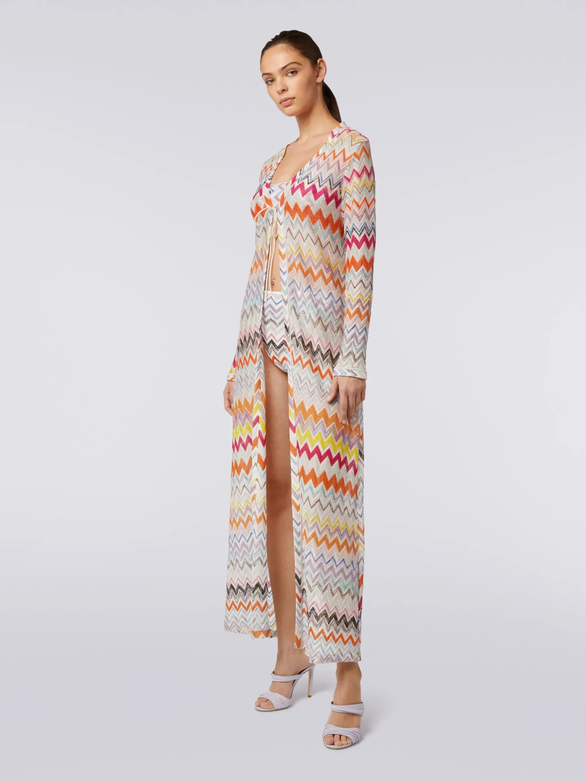 Long cardigan cover-up with zigzag pattern and lurex