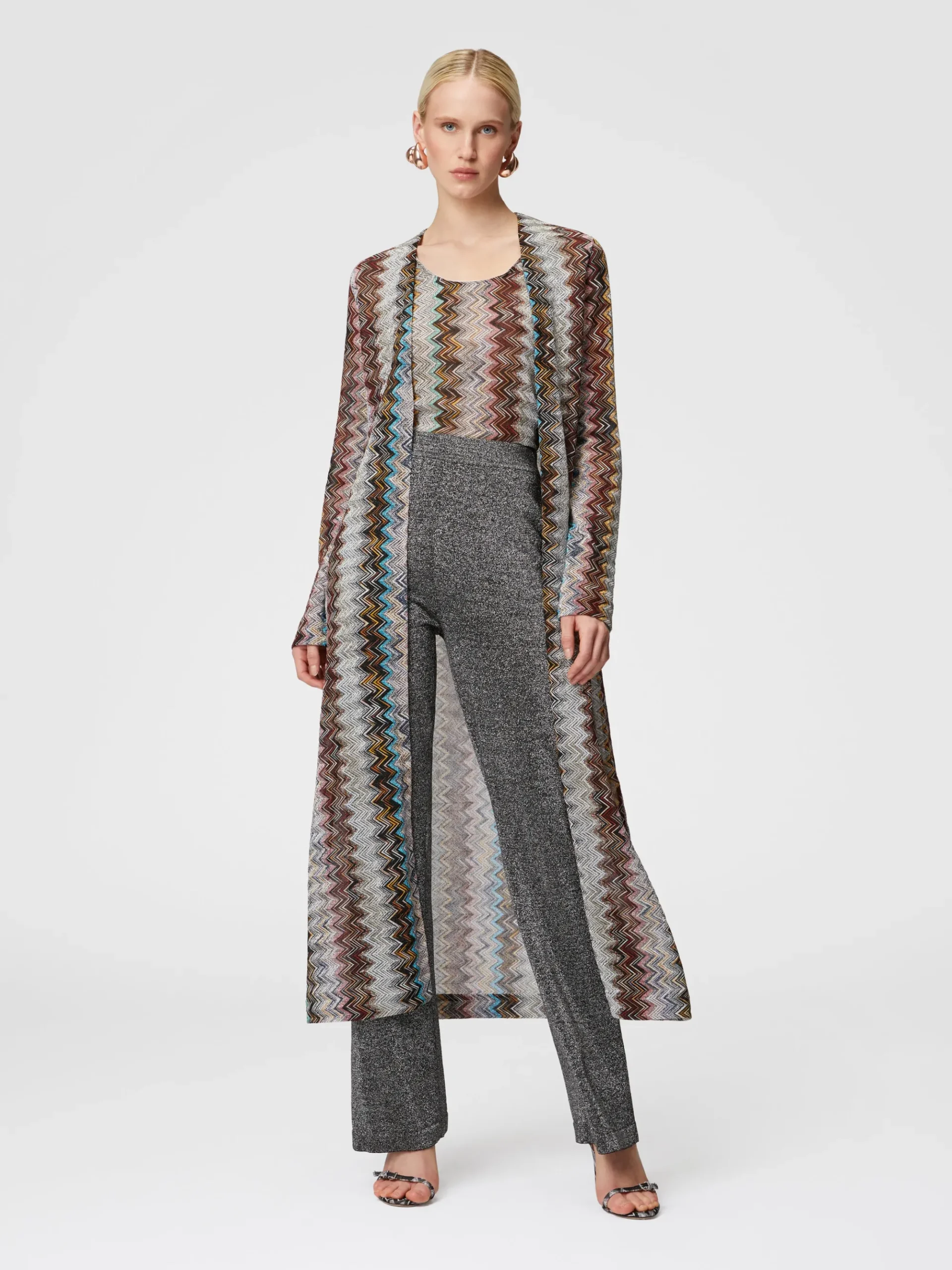 Long cardigan in viscose blend zig zag lamé