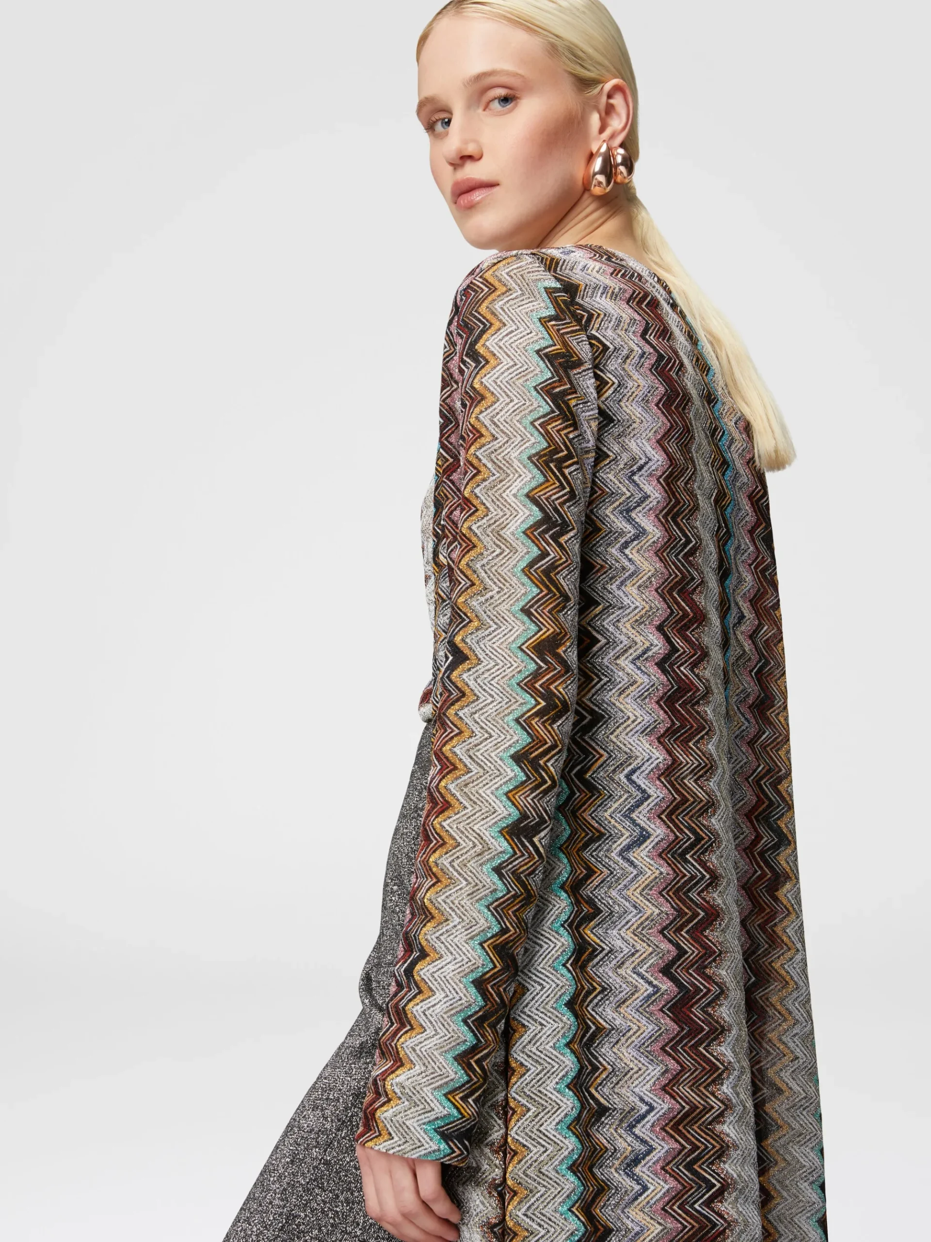 Long cardigan in viscose blend zig zag lamé