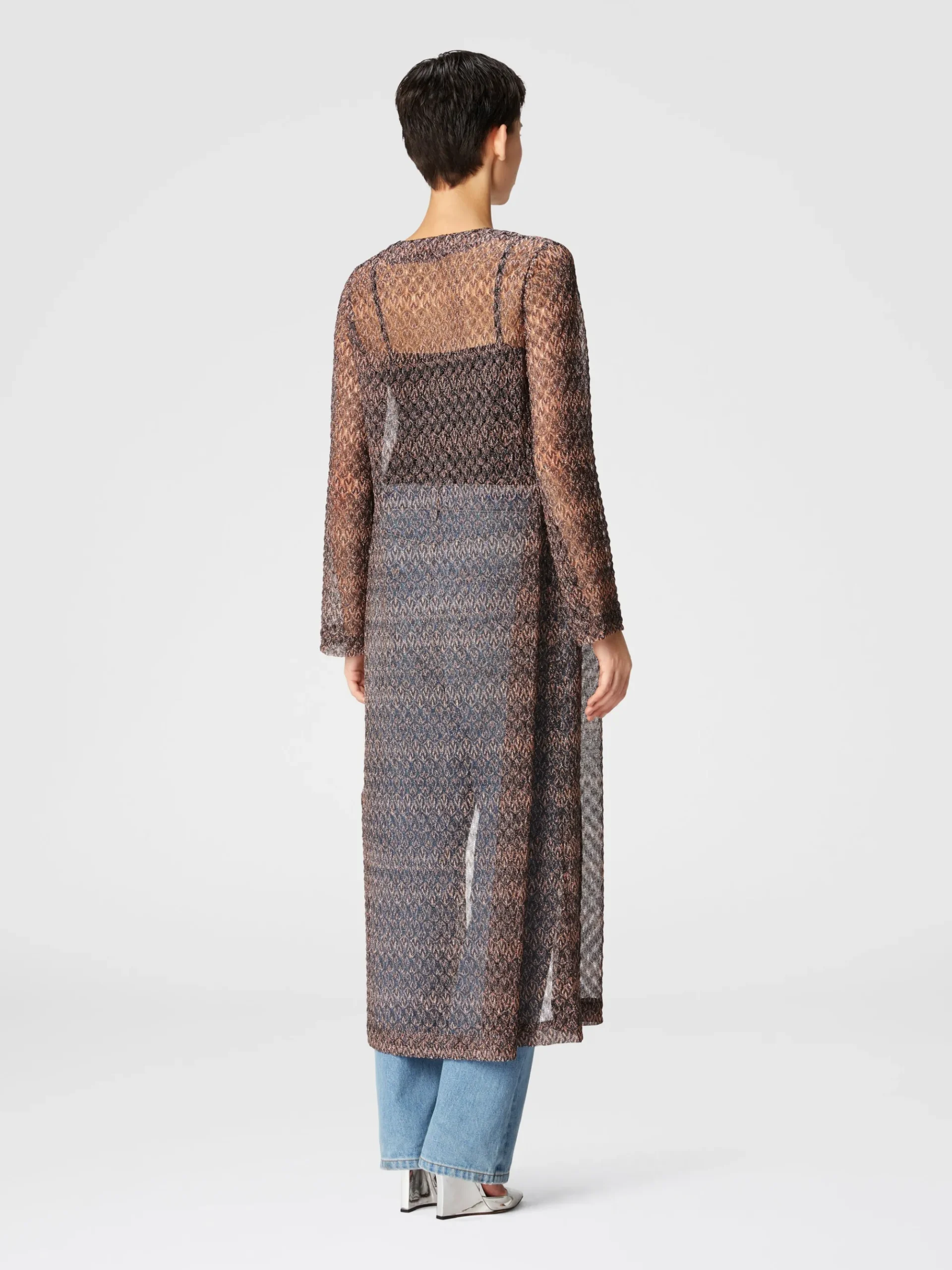 Long cardigan with lamé lace motif