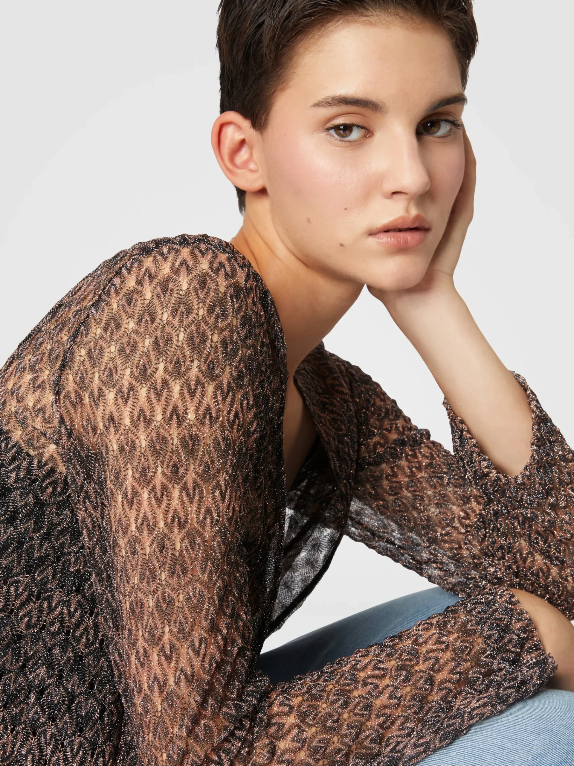 Long cardigan with lamé lace motif