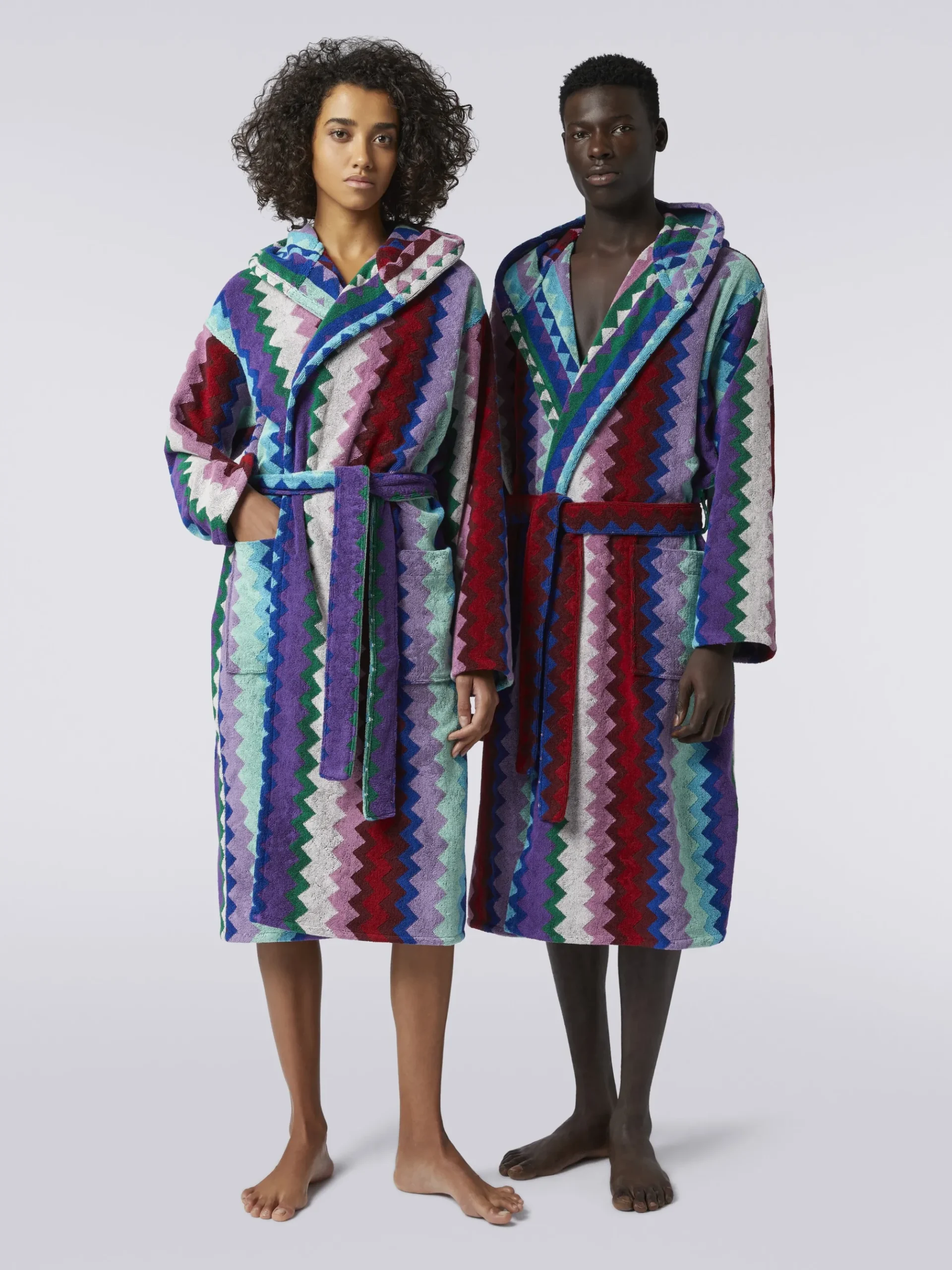 Long Chantal chevron cotton terry hooded bathrobe