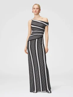 Long cotton and viscose dress with asymmetrical neckline