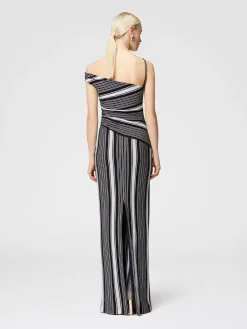 Long cotton and viscose dress with asymmetrical neckline