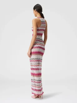 Long cover up dress in crochet with lurex