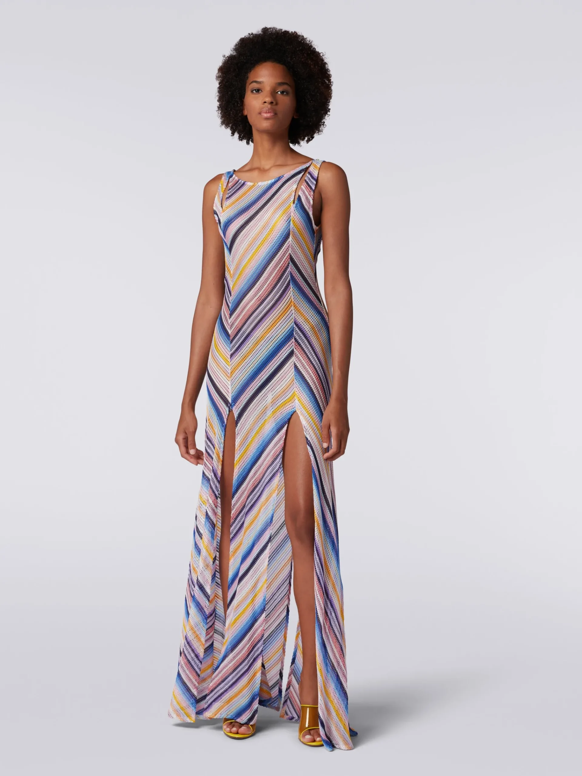 Long cover up dress in striped crochet with slits