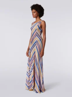 Long cover up dress in striped crochet with slits