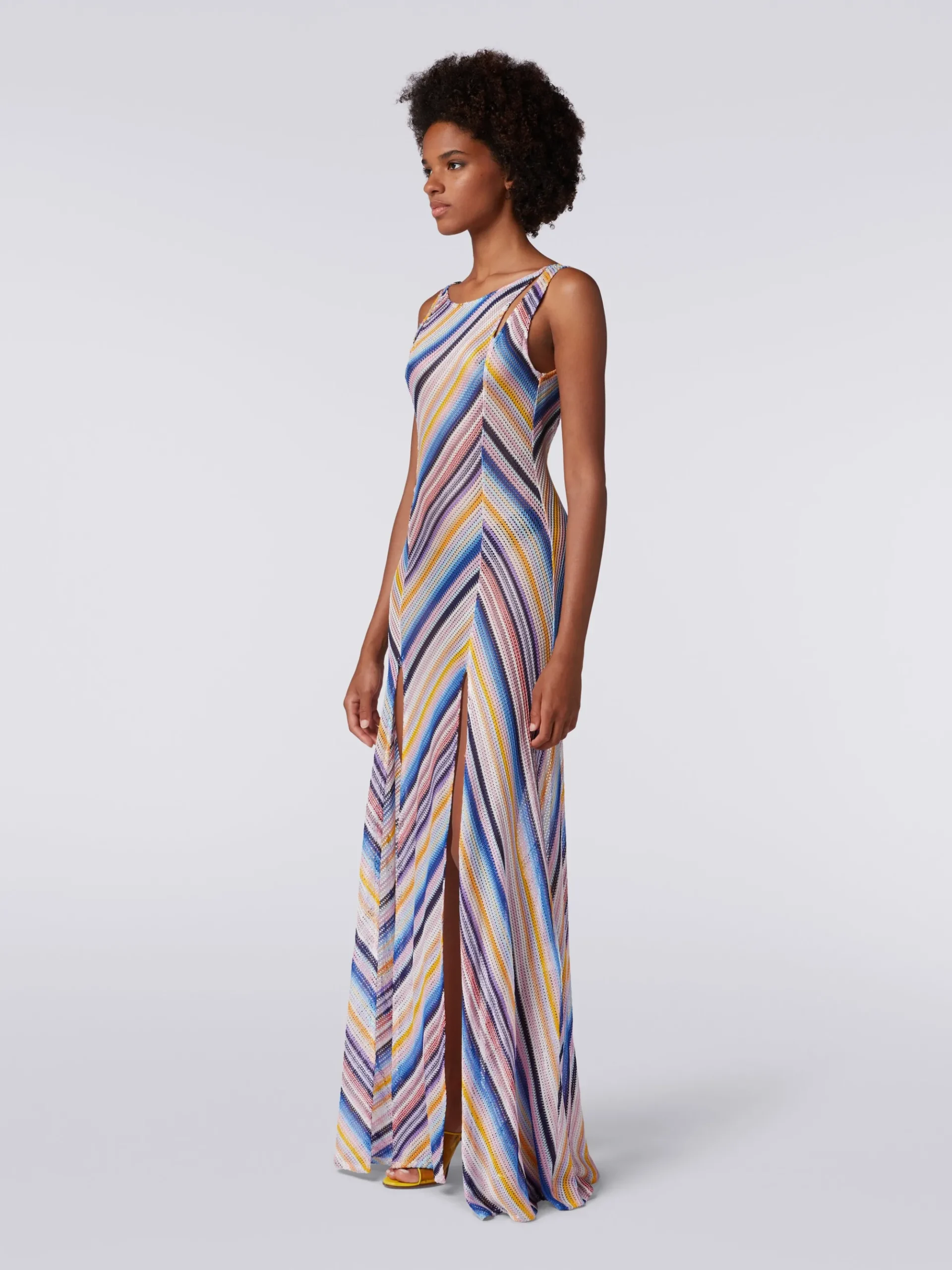 Long cover up dress in striped crochet with slits