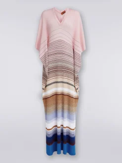 Long cover up kaftan in striped ribbed knit with lurex