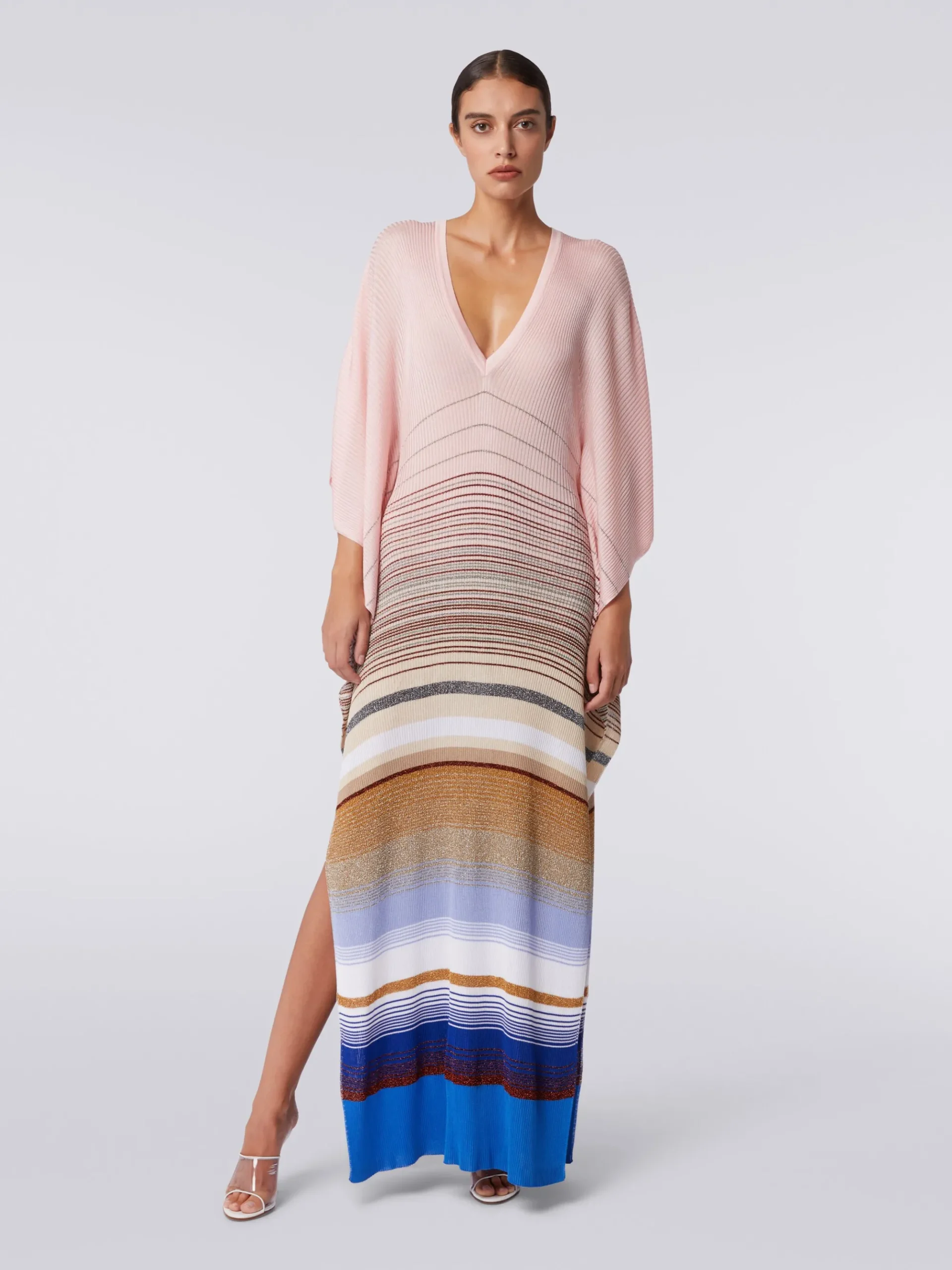 Long cover up kaftan in striped ribbed knit with lurex