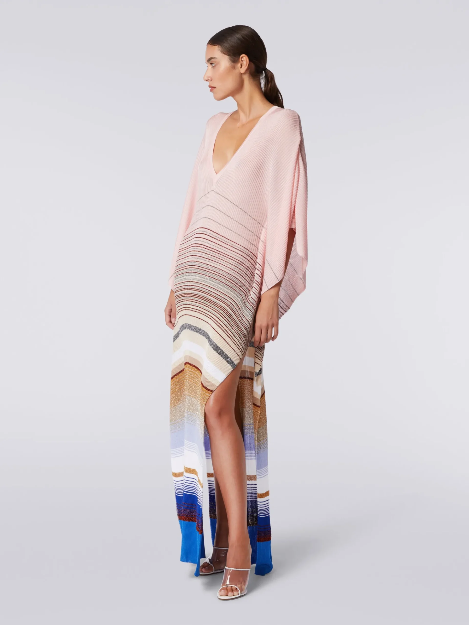 Long cover up kaftan in striped ribbed knit with lurex